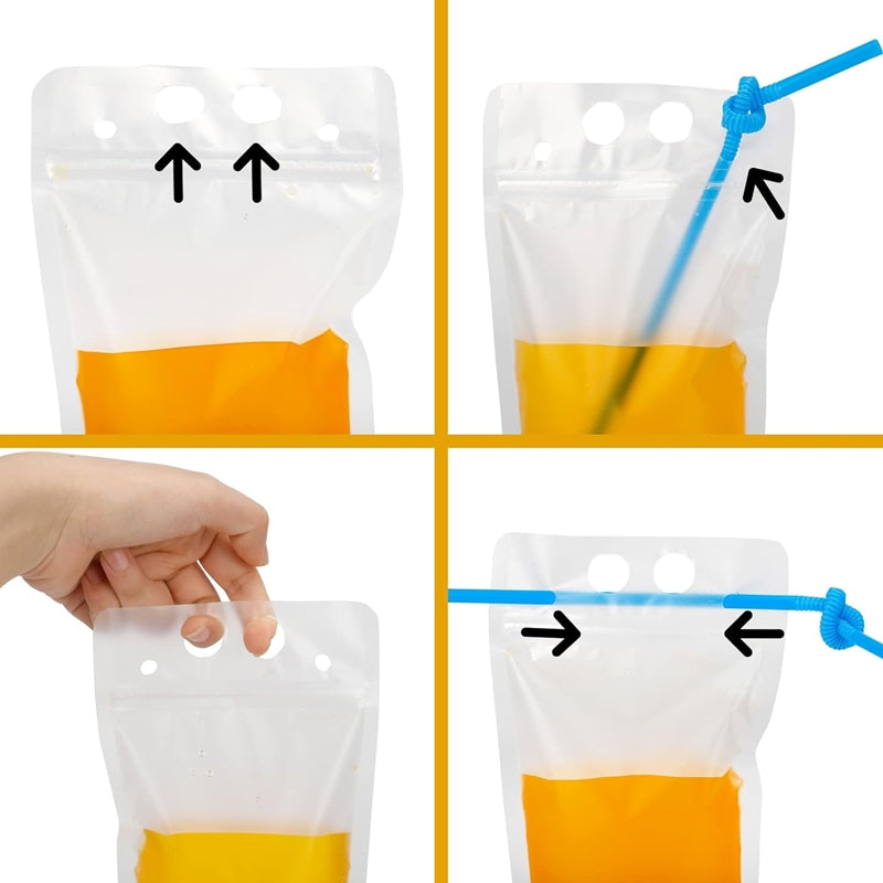 500ml Drinking Bags with Plastic Straw 100 pcs Set